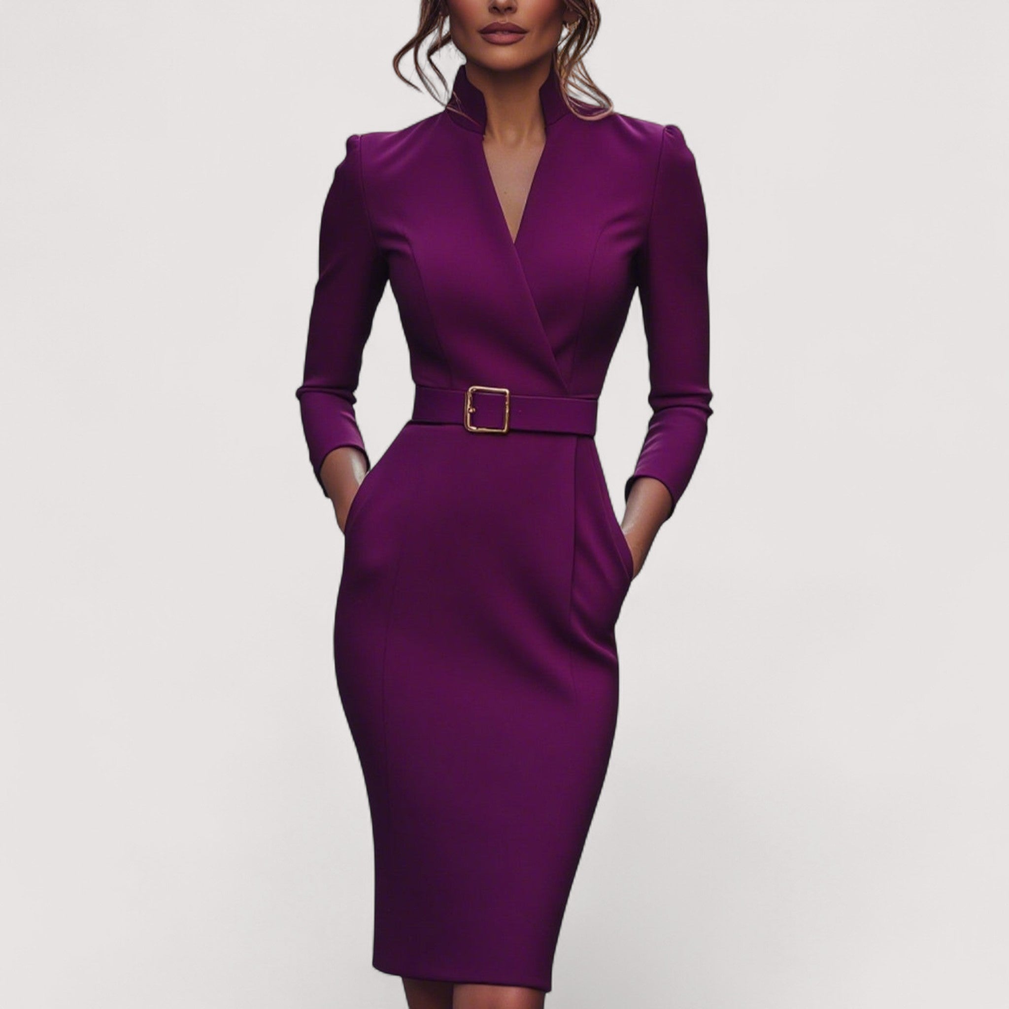 Nora™ | Verfeinertes Schwarzes Kleid mit Gürtel und Mandarin-Kragen
