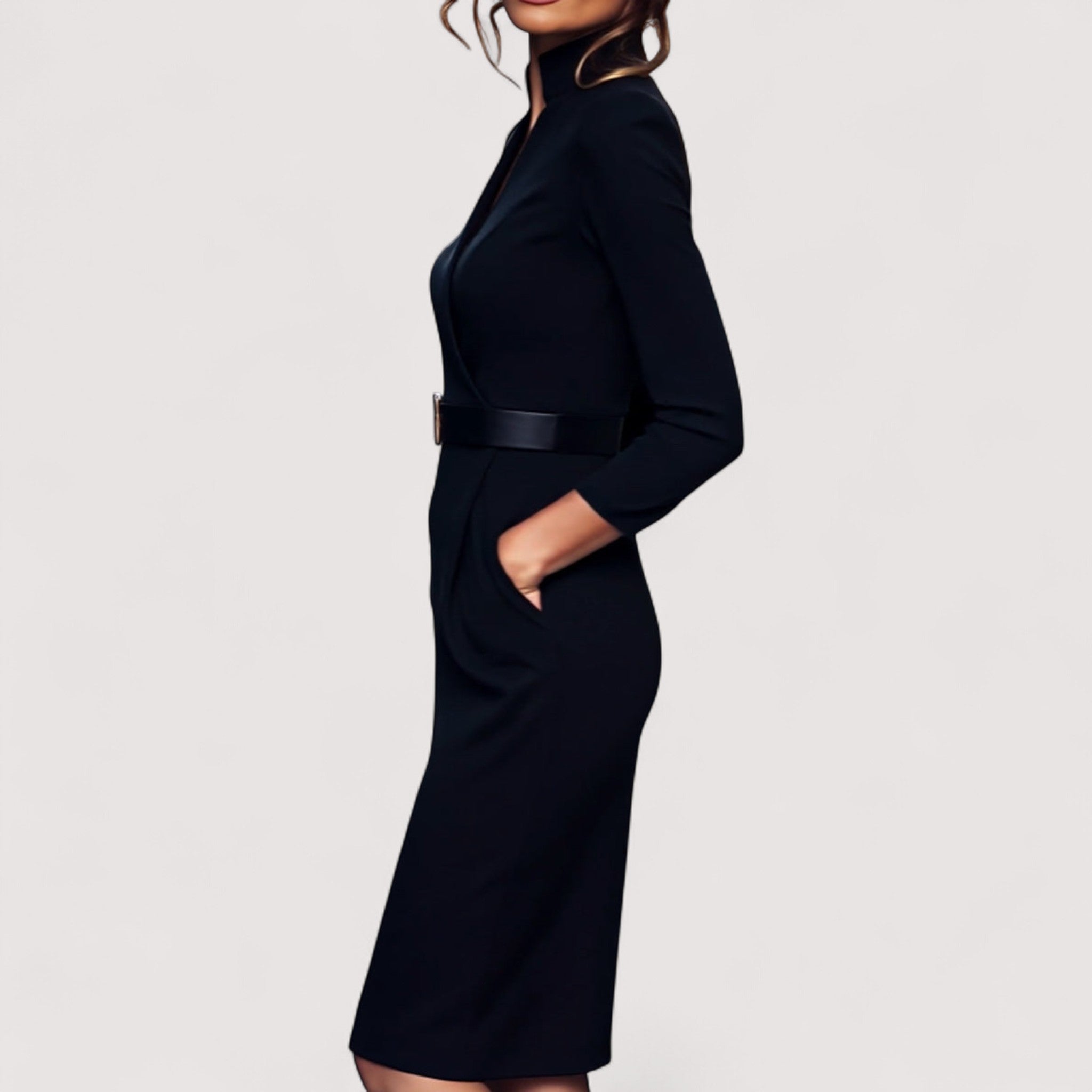 Nora™ | Verfeinertes Schwarzes Kleid mit Gürtel und Mandarin-Kragen